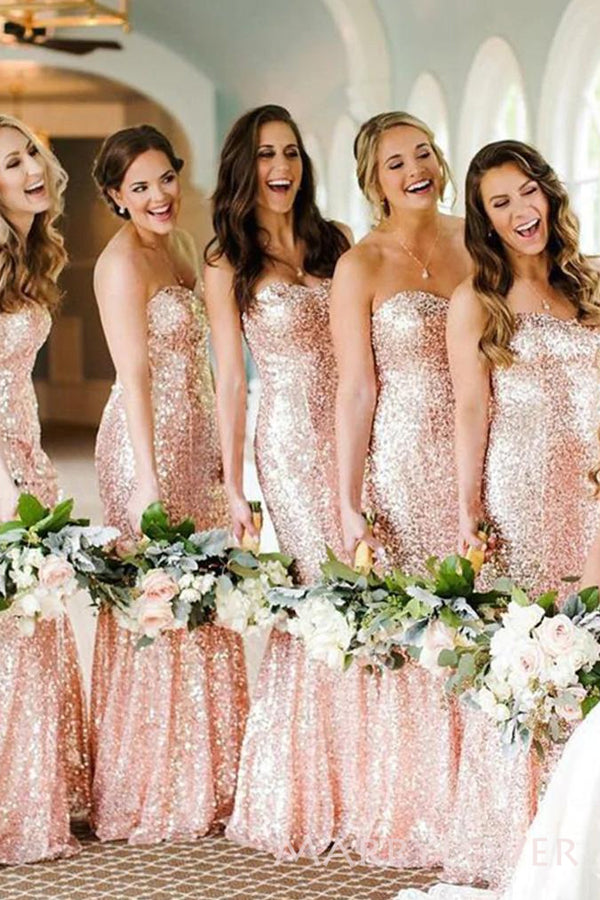 Simple Sequins Strapless Mermaid Long Custom Bridesmaid Dresses , BN1245