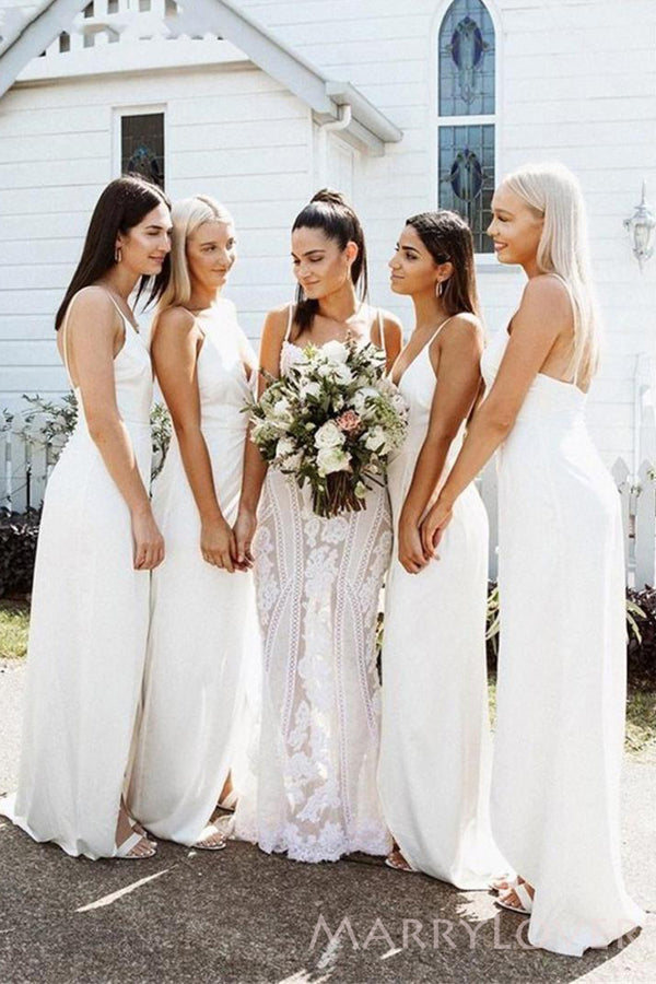 Simple White Spaghetti Straps V-neck Long Side Slit Custom Bridesmaid Dresses , BN1247