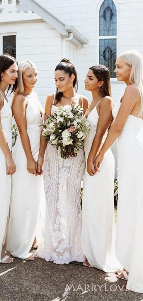 Simple White Spaghetti Straps V-neck Long Side Slit Custom Bridesmaid Dresses , BN1247