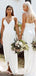 Simple White Spaghetti Straps V-neck Long Side Slit Custom Bridesmaid Dresses , BN1247