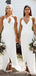 Simple White Spaghetti Straps V-neck Long Side Slit Custom Bridesmaid Dresses , BN1247