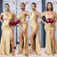 Gold Satin Mismatched  Mermaid Long Side Slit Custom Bridesmaid Dresses , BN1248
