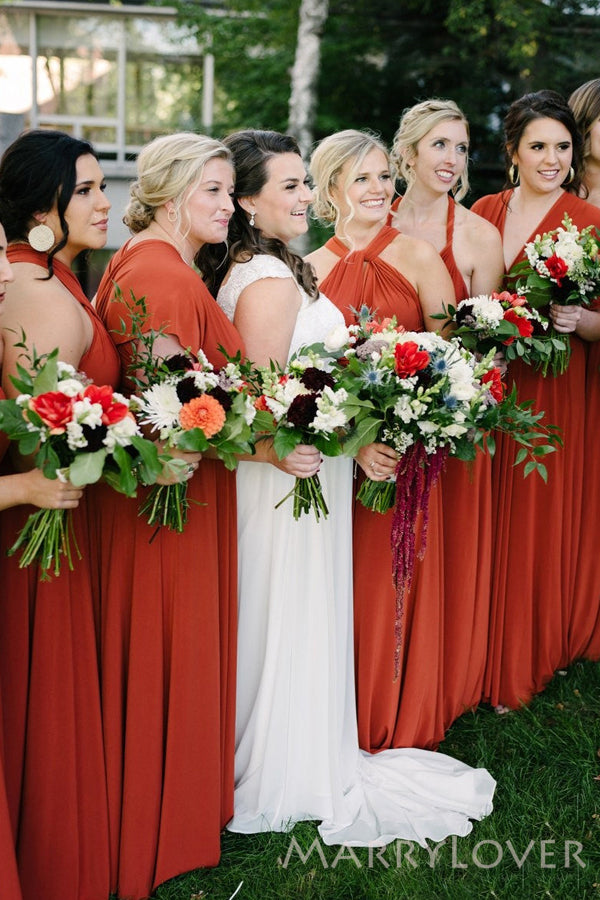 Simple Mismatched Burnt Orange Long A-line Custom Bridesmaid Dresses , BN1251