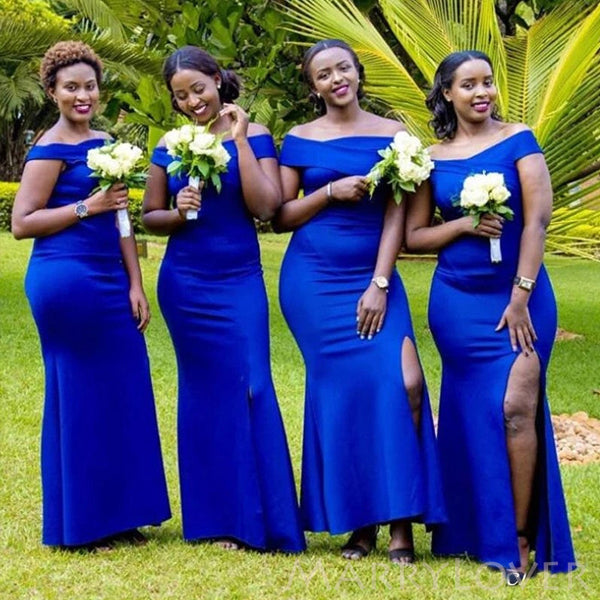 Simple Royal Blue Off Shoulder Long Side Slit Custom Bridesmaid Dresses , BN1252