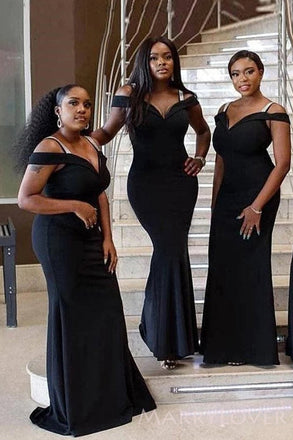Off Shoulder Black Mermaid Long Custom Bridesmaid Dresses , BN1255
