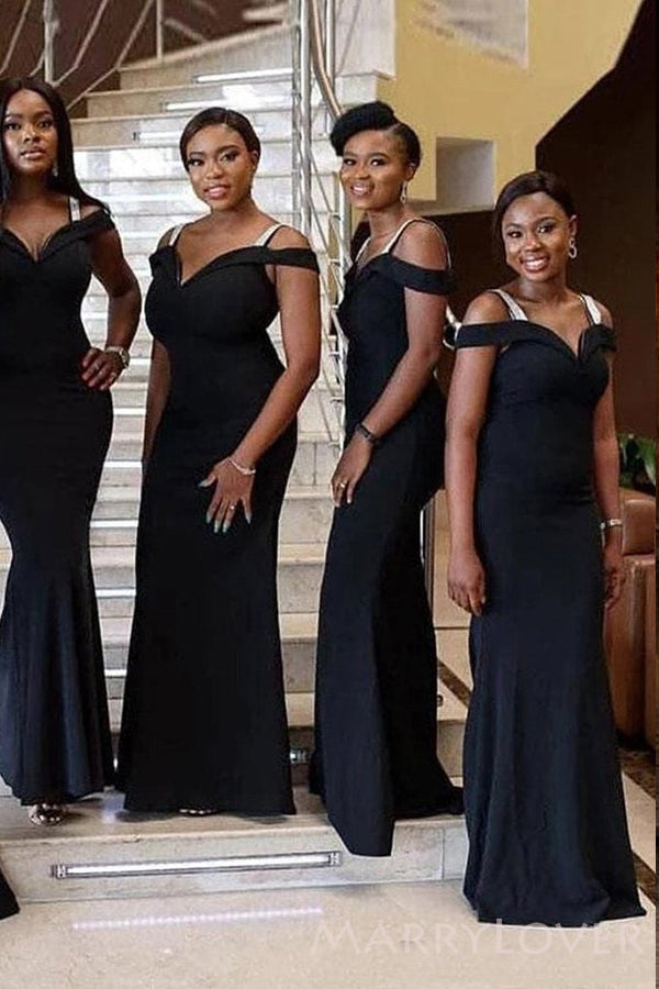 Off Shoulder Black Mermaid Long Custom Bridesmaid Dresses , BN1255