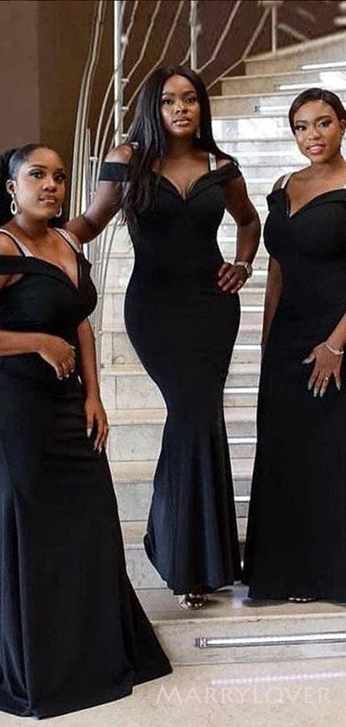 Off Shoulder Black Mermaid Long Custom Bridesmaid Dresses , BN1255