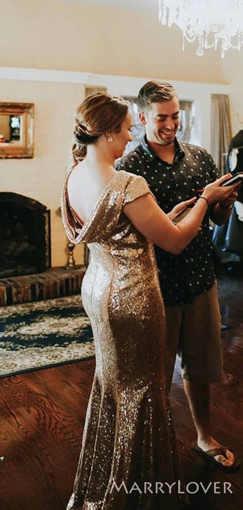 Simple Gold Sequins Mermaid Long Backless Custom Bridesmaid Dresses , BN1256