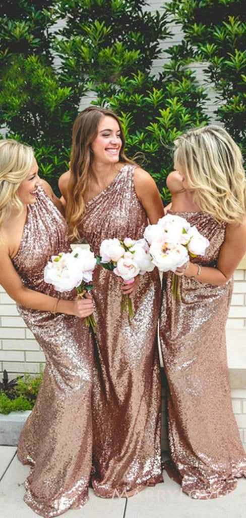 Simple One Shoulder Sequins A-line Long Custom Bridesmaid Dresses , BN1258