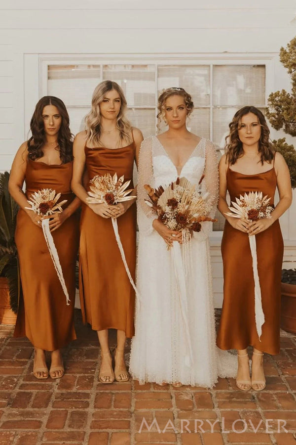 Spaghetti Straps Burnt Orange Satin Sheath Long Custom Bridesmaid Dresses , BN1261