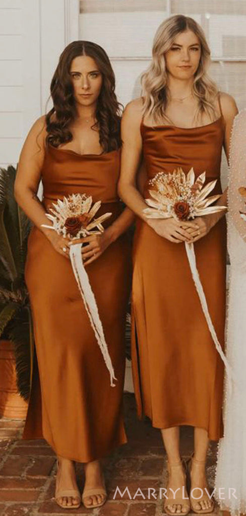 Spaghetti Straps Burnt Orange Satin Sheath Long Custom Bridesmaid Dresses , BN1261