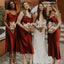 Simple Spaghetti Straps Rust Satin Long Custom Bridesmaid Dresses , BN1262