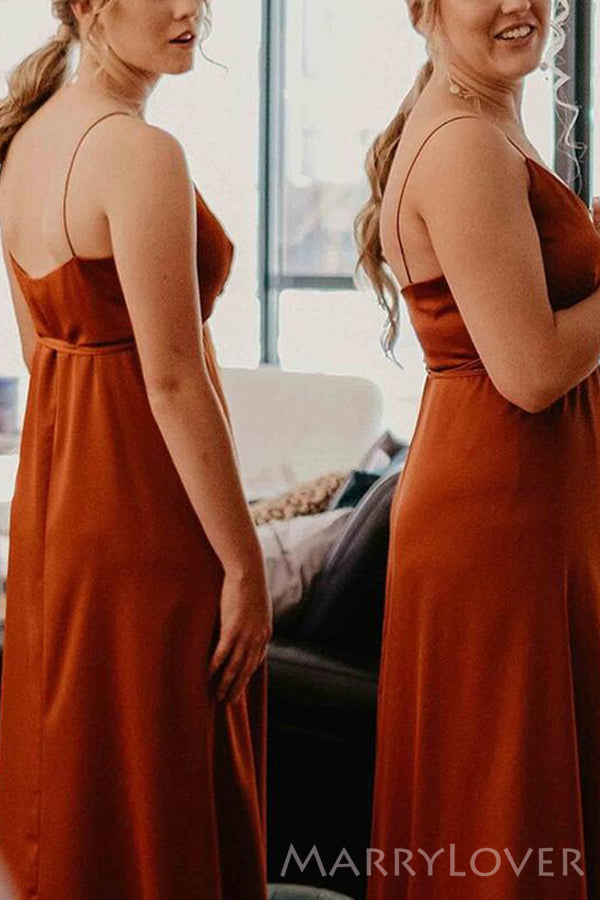 Spaghetti Straps V-neck Burnt Orange Long Custom Bridesmaid Dresses , BN1267