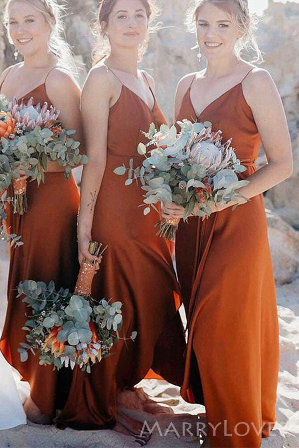 Spaghetti Straps V-neck Burnt Orange Long Custom Bridesmaid Dresses , BN1267