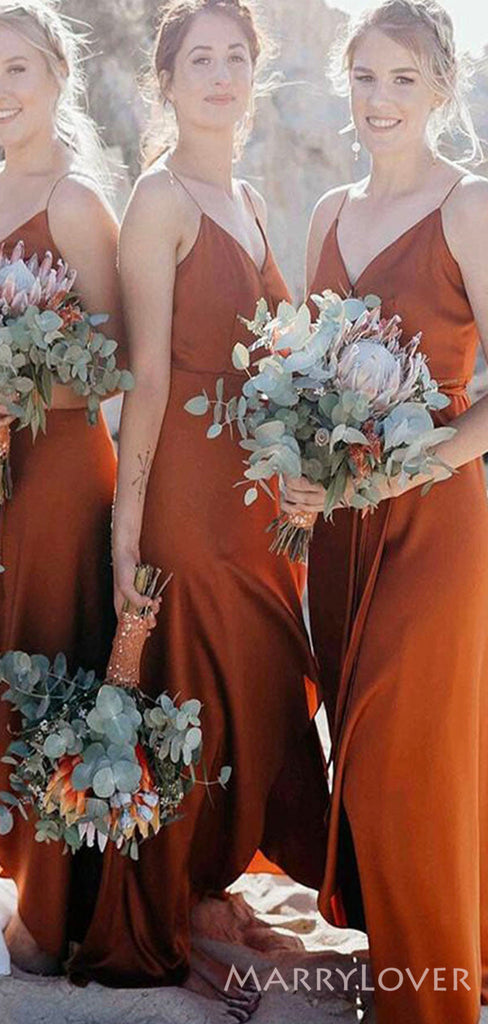 Spaghetti Straps V-neck Burnt Orange Long Custom Bridesmaid Dresses , BN1267