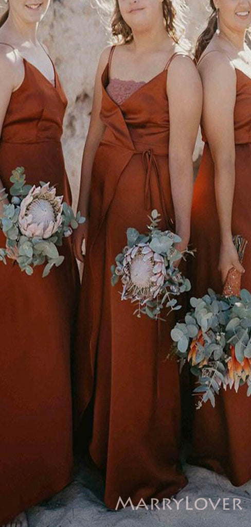 Spaghetti Straps V-neck Burnt Orange Long Custom Bridesmaid Dresses , BN1267