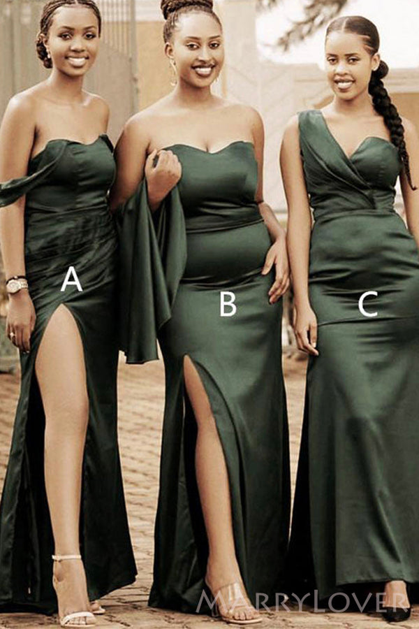 Mismatched Dark Green Satin Mermaid Long Side Slit Custom Bridesmaid Dresses , BN1268