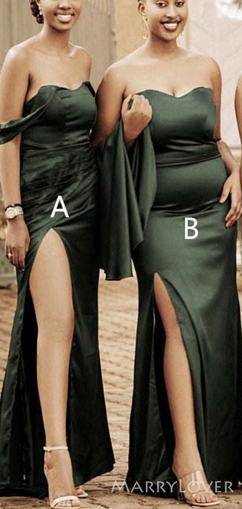 Mismatched Dark Green Satin Mermaid Long Side Slit Custom Bridesmaid Dresses , BN1268