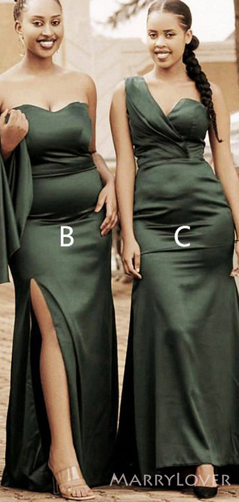 Mismatched Dark Green Satin Mermaid Long Side Slit Custom Bridesmaid Dresses , BN1268