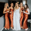 Burnt Orange Satin Spaghetti Straps Long Custom Bridesmaid Dresses , BN1272