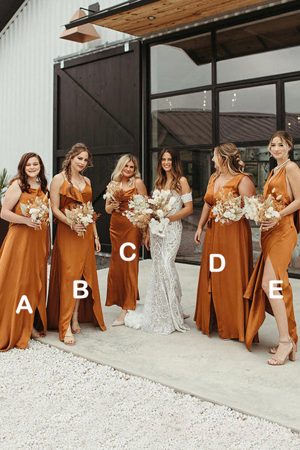 Mismatched Burnt Orange Long Side Slit Custom Bridesmaid Dresses , BN1274