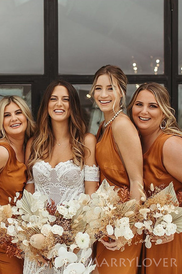 Mismatched Burnt Orange Long Side Slit Custom Bridesmaid Dresses , BN1274