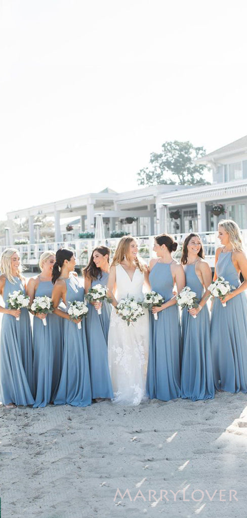 Simple A-line Dusty Blue Chiffon Halter Long Custom Bridesmaid Dresses , BN1276