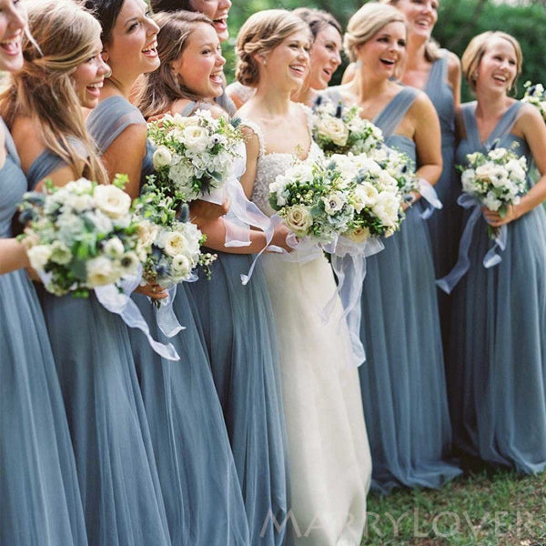 A-line Dusty Blue Tulle Long Custom Bridesmaid Dresses , BN1277