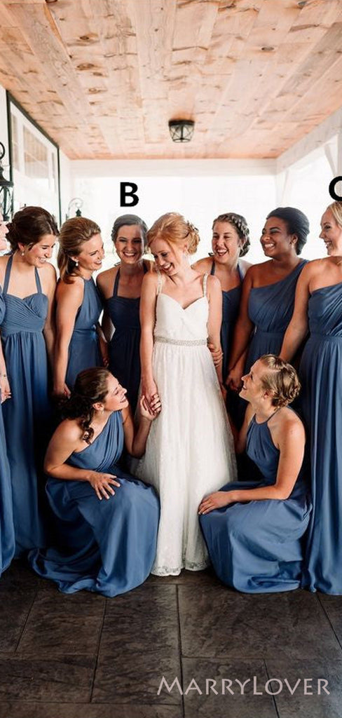 Mismatched A-line Dusty Blue Chiffon Long Custom Bridesmaid Dresses , BN1278