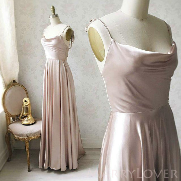 Spaghetti Straps A-line Satin Long Custom Bridesmaid Dresses , BN1282