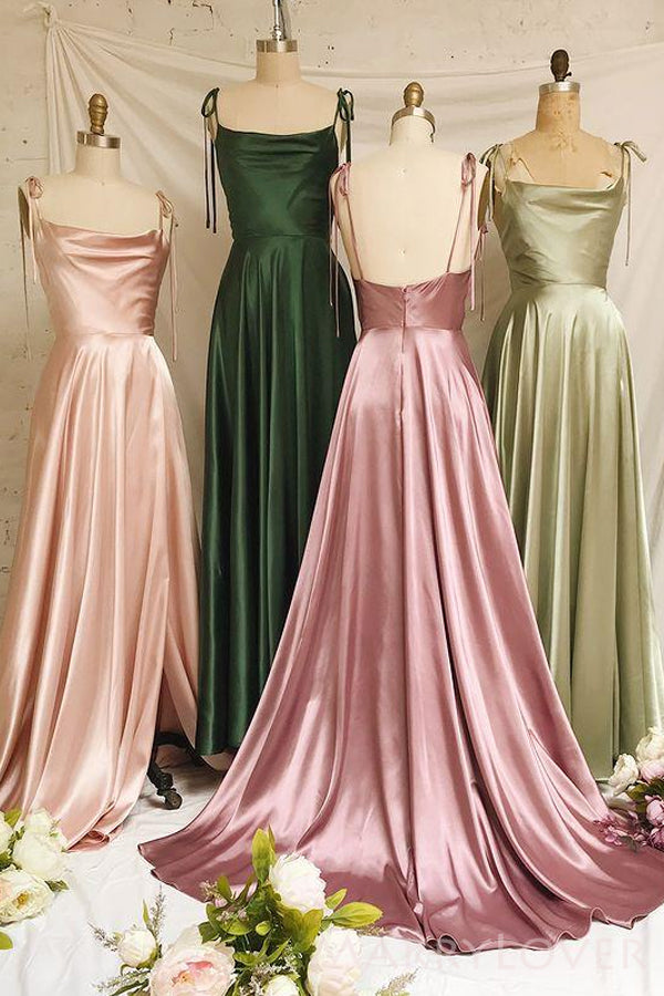 Spaghetti Straps A-line Satin Long Custom Bridesmaid Dresses , BN1282