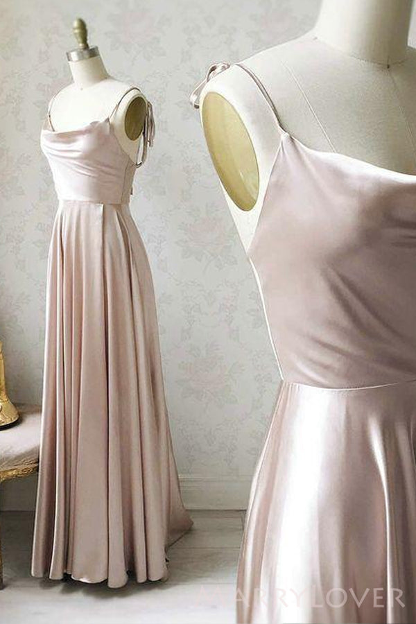 Spaghetti Straps A-line Satin Long Custom Bridesmaid Dresses , BN1282