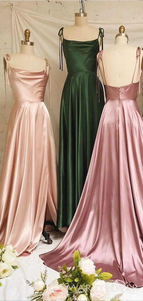 Spaghetti Straps A-line Satin Long Custom Bridesmaid Dresses , BN1282