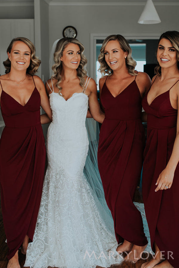 Simple Spaghetti Straps Mermaid Burgundy Chiffon Long Custom Bridesmaid Dresses , BN1293