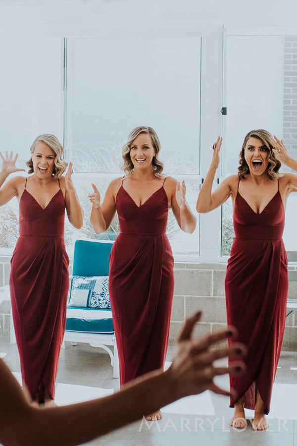 Simple Spaghetti Straps Mermaid Burgundy Chiffon Long Custom Bridesmaid Dresses , BN1293