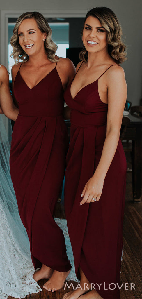 Simple Spaghetti Straps Mermaid Burgundy Chiffon Long Custom Bridesmaid Dresses , BN1293