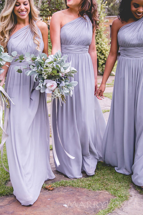 Simple One Shoulder Grey Chiffon A-line Long Custom Bridesmaid Dresses , BN1302