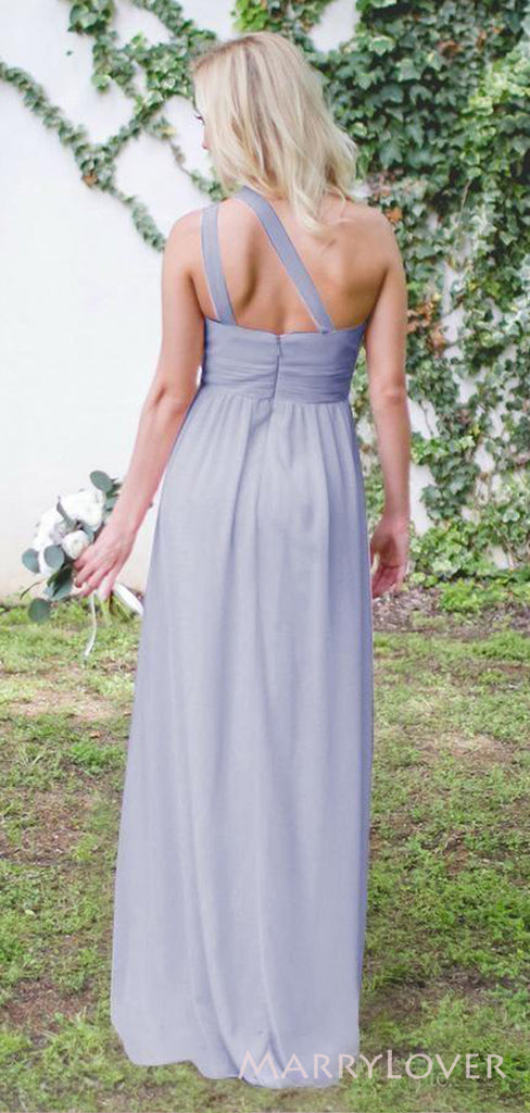 Simple One Shoulder Grey Chiffon A-line Long Custom Bridesmaid Dresses , BN1302