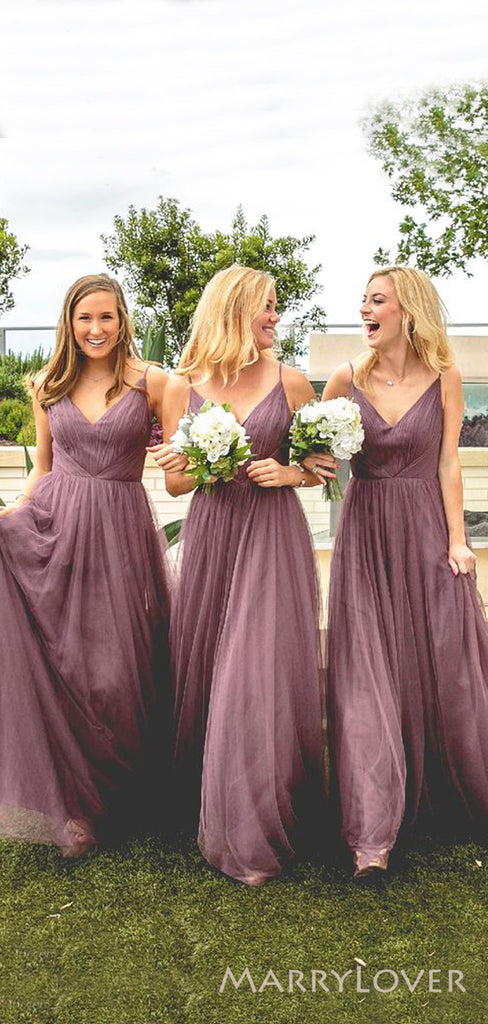 A-line Dusty Purple Tulle Spaghetti Straps Long Custom Bridesmaid Dresses , BN1304