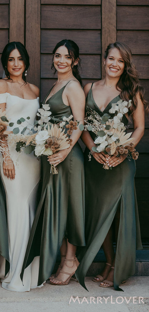 Sexy Spaghetti Straps V-neck Side Slit Long Custom Bridesmaid Dresses , BN1311