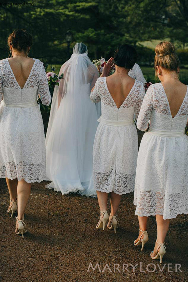 White Lace Half Sleeves Short Custom Bridesmaid Dresses , BN1313