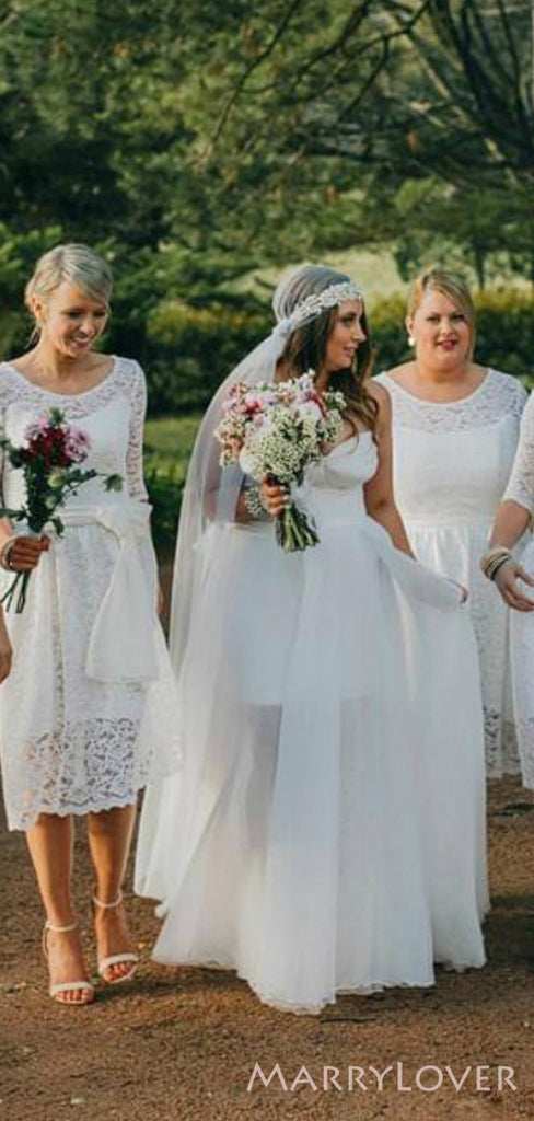 White Lace Half Sleeves Short Custom Bridesmaid Dresses , BN1313