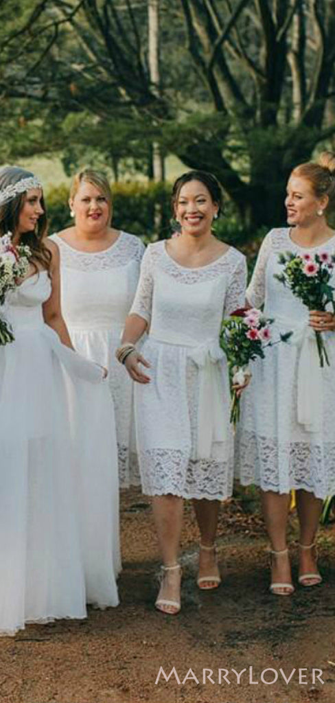 White Lace Half Sleeves Short Custom Bridesmaid Dresses , BN1313
