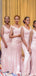 Mermaid Pink Satin Beaded V-neck Side Slit Long Custom Bridesmaid Dresses , BN1315