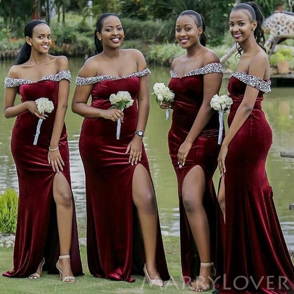 Off Shoulder Velvet Beaded Long Mermaid Custom Bridesmaid Dresses , BN1321