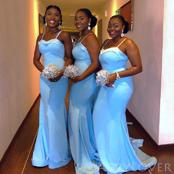 Spaghetti Straps Blue Long Mermaid Custom Bridesmaid Dresses , BN1326