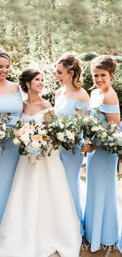 Off Shoulder Blue Long Mermaid Custom Bridesmaid Dresses , BN1329