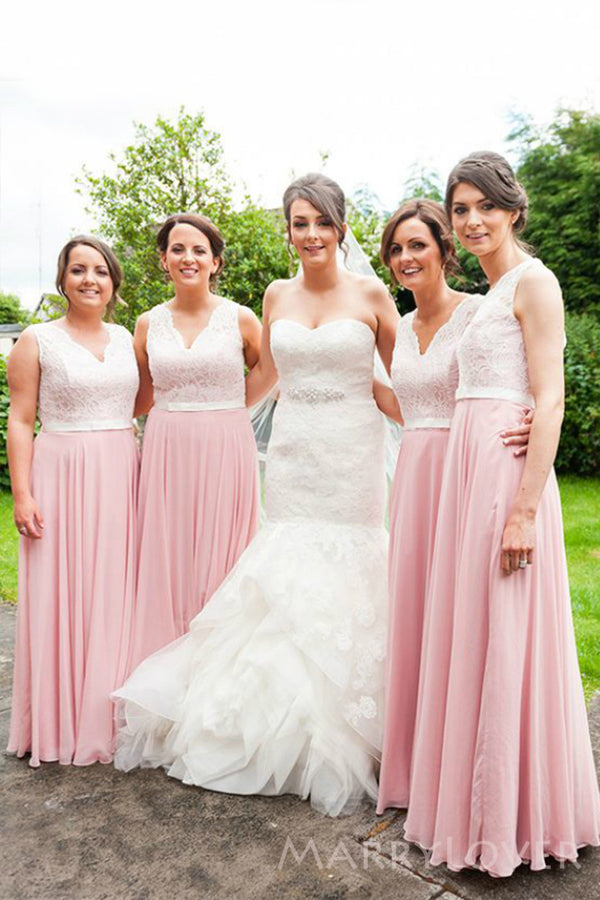 A-line Pink Chiffon Lace Long Custom Bridesmaid Dresses , BN1334