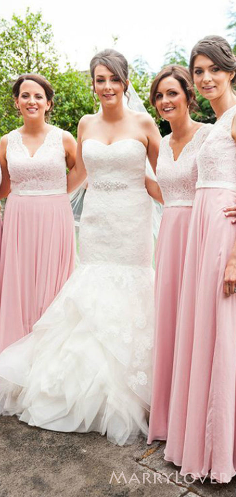 A-line Pink Chiffon Lace Long Custom Bridesmaid Dresses , BN1334