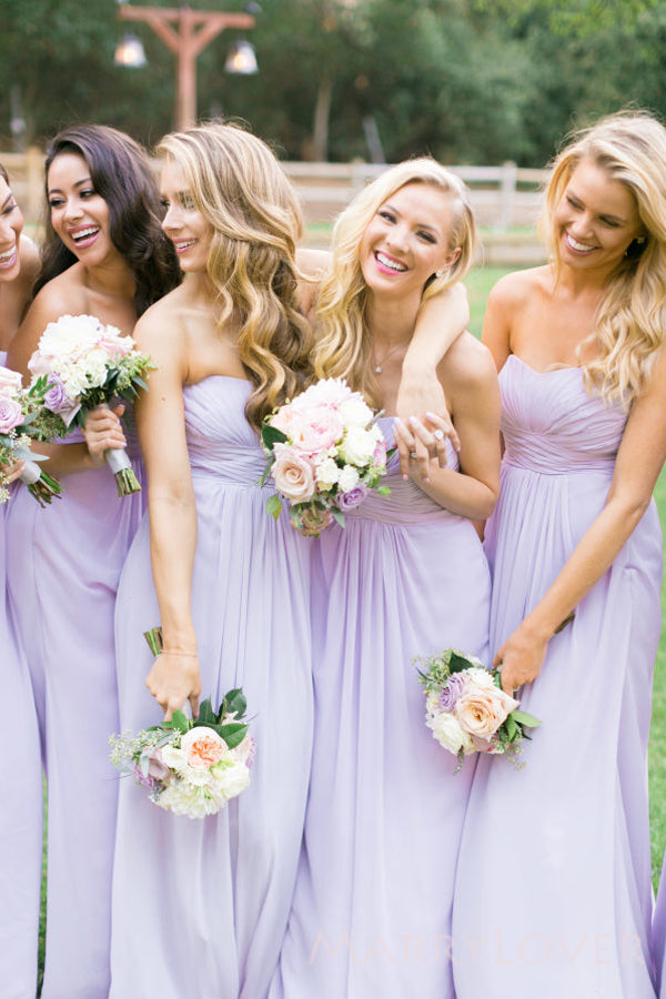 A-line Lilac Chiffon Strapless Long Custom Bridesmaid Dresses , BN1342